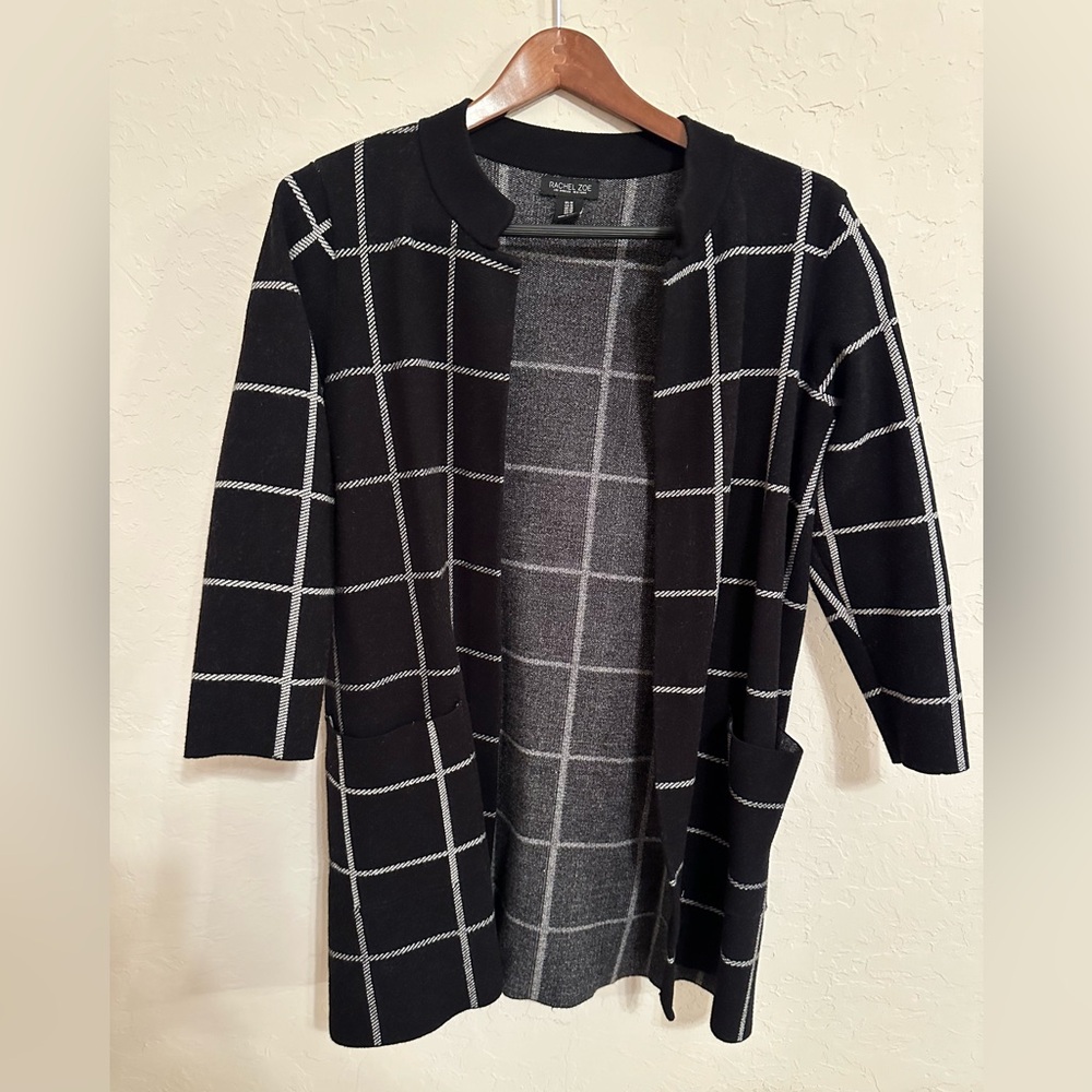 Rachel Zoe Black and White Checkered Duster Cardigan, size 1X